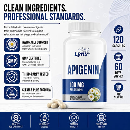 Leaping Lynx Apigenin 100 mg Per Serving (50 mg Per Capsule), 120 Capsules | 60 Day Supply | Sleep Support Supplement for Relaxation, Calm Mood & Healthy Aging | Marigold Extract | Non-GMO