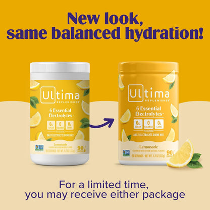 Ultima Replenisher Electrolyte Powder Drink Mix Bundle – Sugar Free – Lemonade, 90 Serving Canister and 20 Stickpacks – 6 Electrolytes and Minerals – Keto Friendly, Vegan, Non-GMO