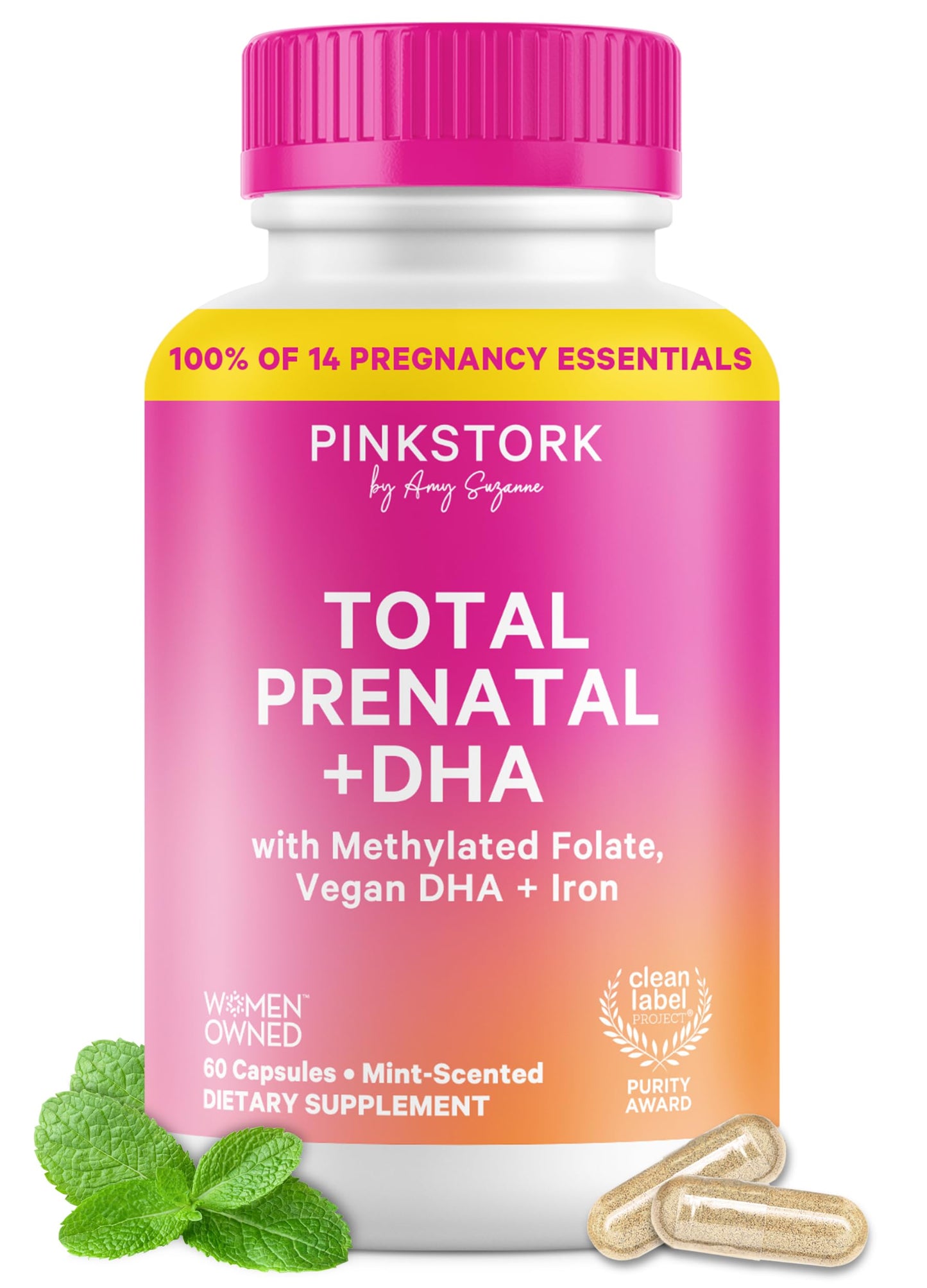Pink Stork Total Prenatal Vitamins for Women, Clean Label, 60 Count, Mint | Vegan DHA, Methylfolate, Iron, Choline, Vitamin B12 - Preconception Nutrition - No Fishy Burps - Pregnancy Essentials