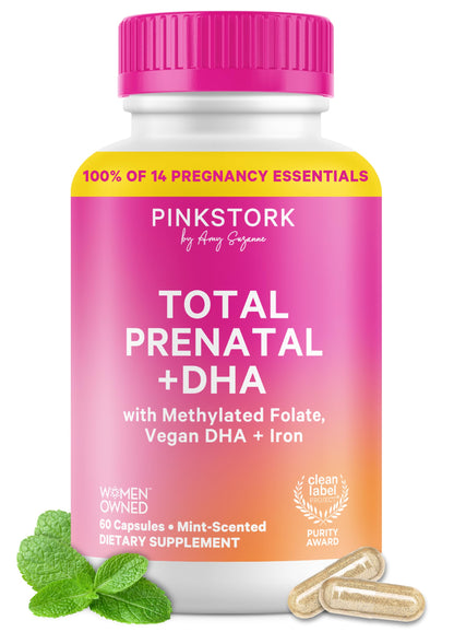 Pink Stork Total Prenatal Vitamins for Women, Clean Label, 60 Count, Mint | Vegan DHA, Methylfolate, Iron, Choline, Vitamin B12 - Preconception Nutrition - No Fishy Burps - Pregnancy Essentials