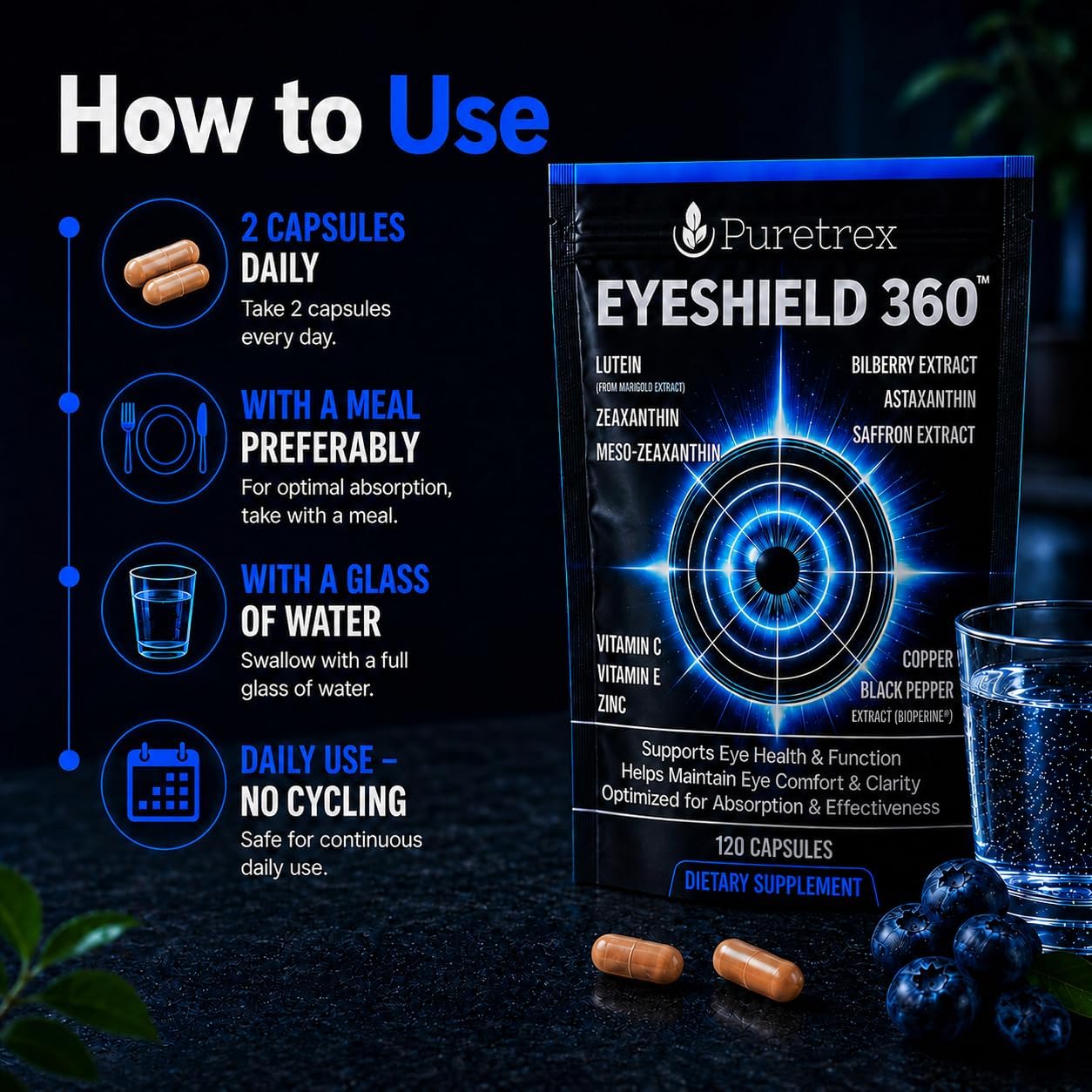 EyeShield 360 Eye Supplements for Adults Over 50, 120 Vegan Capsules with Lutein Zeaxanthin Astaxanthin Bilberry Saffron, Vision Supplement, Eye Support Formula with BioPerine, Made in UK