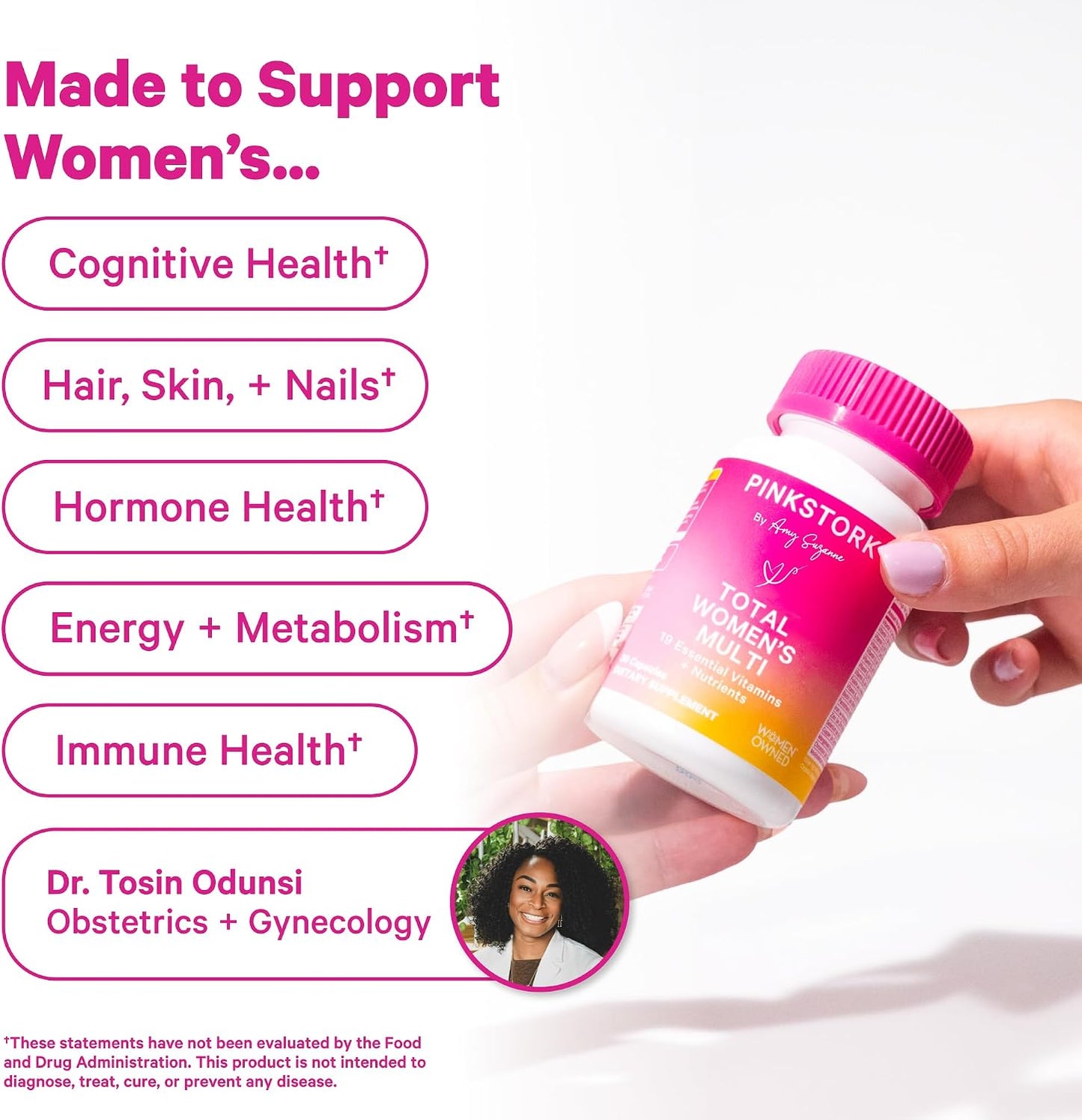 Pink Stork Total Women's Multivitamin - 19 Essential Vitamins for Women & Nutrients – Energy, Metabolism, Hormone, Immune & Mood Support – B6, B12, Biotin, Iron & Zinc – 30 Capsules