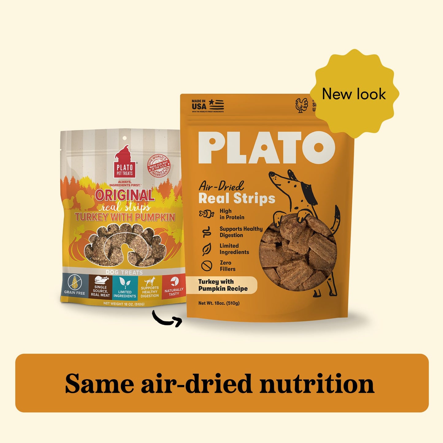 Plato Real Strips Turkey & Pumpkin Recipe Dog Treats, Air-Dried High-Protein Grain-Free Soft Strips with Real Pumpkin, 18 oz
