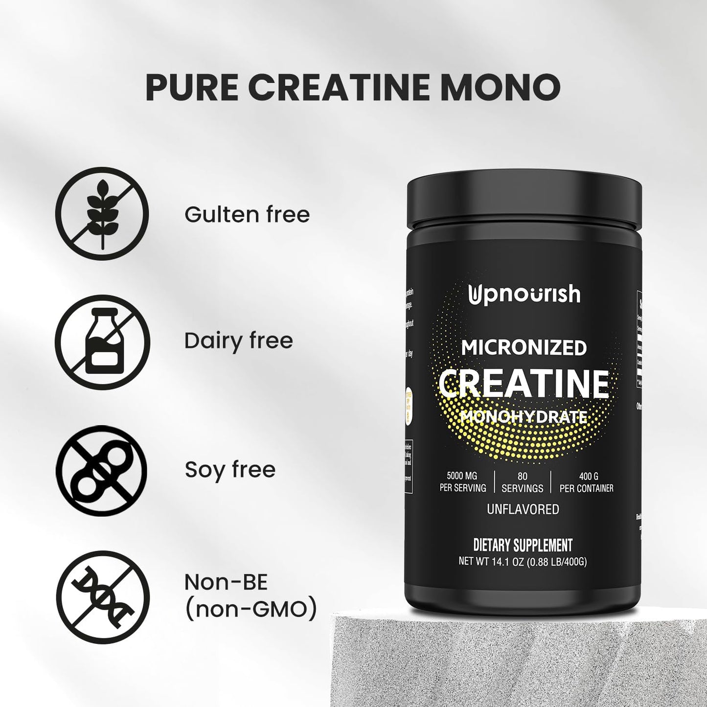 UpNourish Micronized Creatine Monohydrate Powder 400 G - Unflavored Vegan for Pre Workout, Muscle Building Pure Women and Men Instantized Supplement, 80 Servings 14.1096 Ounce