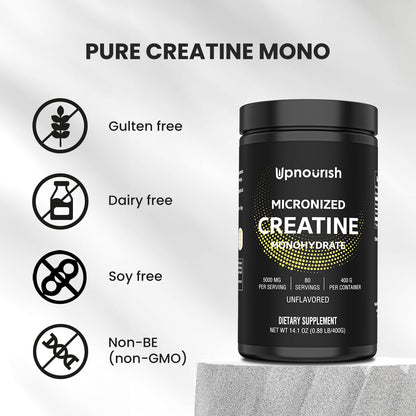 UpNourish Micronized Creatine Monohydrate Powder 400 G - Unflavored Vegan for Pre Workout, Muscle Building Pure Women and Men Instantized Supplement, 80 Servings 14.1096 Ounce