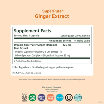 PURE SYNERGY SuperPure Ginger Extract | Organic Ginger Extract Digestive Supplement | for Stomach and Joint Support (60 Capsules)