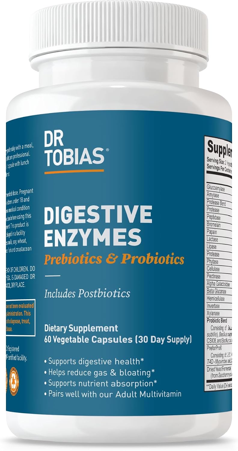 Dr. Tobias Digestive Enzymes + Prebiotics & Probiotics 60 Capsules | Digestion & Gut Support | Enzymes + Prebiotics + Probiotics + Postbiotics | Bromelain, Amylase & Lipase | 30 Servings