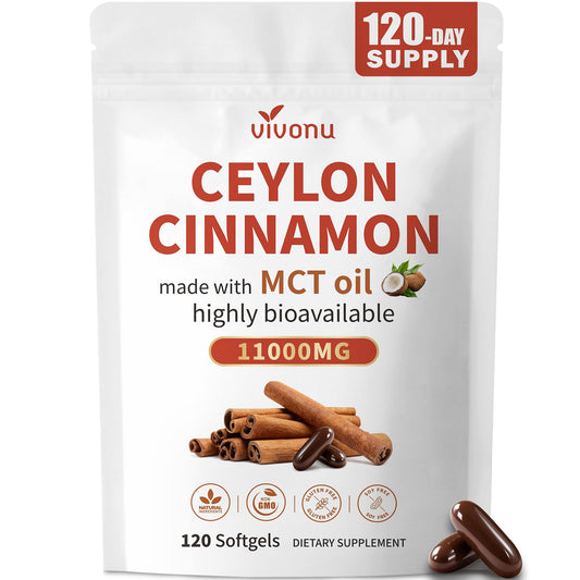 2-in-1 Organic Ceylon Cinnamon with MCT Oil Supplements Softgels, 120 Day Supply, Authentic Sri Lankan Source, Liposome Highly Bioavailable Extract, Energy & Metabolism Support, Large Granule Softgels