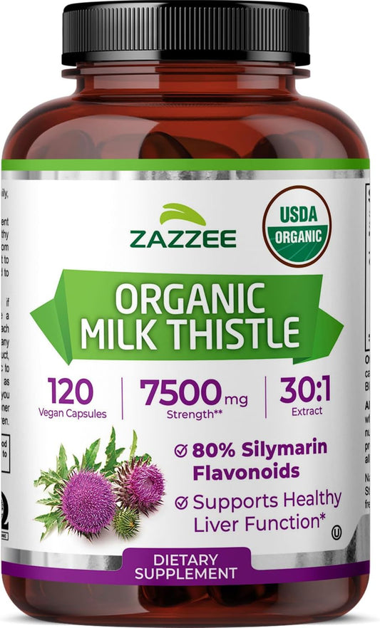 Zazzee USDA Organic Milk Thistle 30:1 Extract, 80% Silymarin, 120 Vegan Capsules, 4 Month Supply, Certified Kosher, High Potency Liver & Antioxidant Support, Silybum Marianum, Non-GMO, Made in the USA