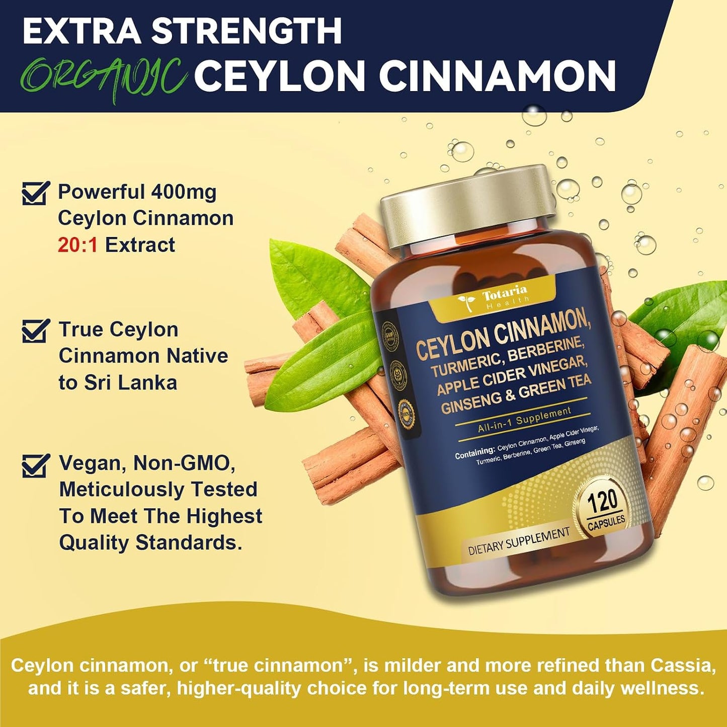 Totaria 18-in-1 Organic Ceylon Cinnamon Capsules with Berberine, Ceylon Cinnamon Supplement w/Apple Cider Vinegar Turmeric Bitter Melon Milk Thistle, for Metabolism, Energy, Heart*, 120 Counts