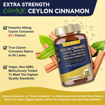 Totaria 18-in-1 Organic Ceylon Cinnamon Capsules with Berberine, Ceylon Cinnamon Supplement w/Apple Cider Vinegar Turmeric Bitter Melon Milk Thistle, for Metabolism, Energy, Heart*, 120 Counts