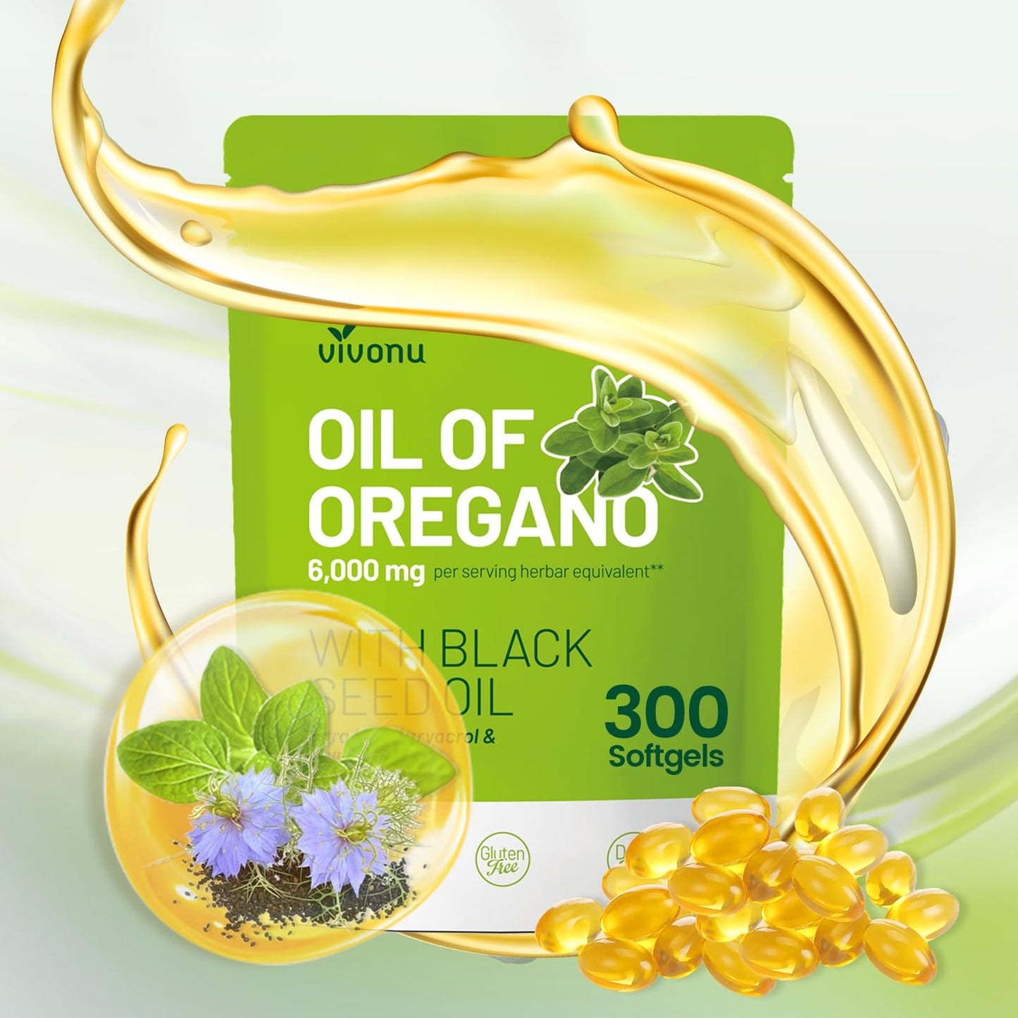 VivoNu Oil of Oregano Capsules, Balanced Oil of Oregano with Black Seed Oil, Organic OreganoOil Softgels,Carvacrol,Thymoquinone, Non-GMO (600pcs/2Bags)