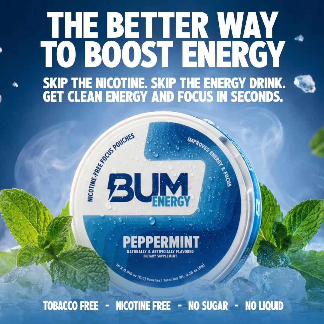 Bum Energy Pouches, Wintergreen, 30mg Caffeine + 125mg Cognizin Citicoline, Clean Energy & Focus, Discreet Oral Energy Pouches, 5 Packs of 16 Count