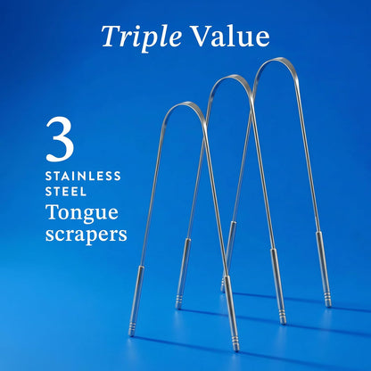 Mouthology Tongue Scraper for Adults (3 Pack) - Improved Tongue Cleaning & Fresh Breath, Stainless Steel Tongue Scraper, Metal Tongue Scraper, Tongue Sweeper Kids Tongue Scraper, Ayurvedic