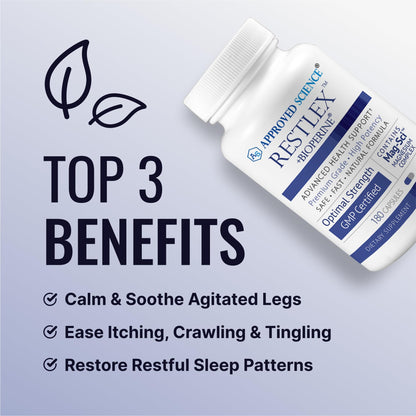 Approved Science Restlex for Restless Legs – Magnesium Glycinate for Calm Legs and Restful Legs – Natural Itching, Crawling, and Tingling in Feet and Legs - Calm, Restful Sleep Support - 1 Month
