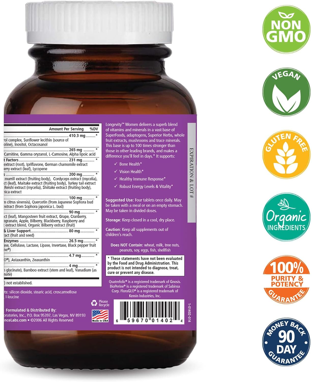 Pure Essence Longevity for Women Over 40 Multivitamin - Vitamins with Superfoods, Whole Foods, Minerals, Antioxidants and Immune Support - 90 Tablets