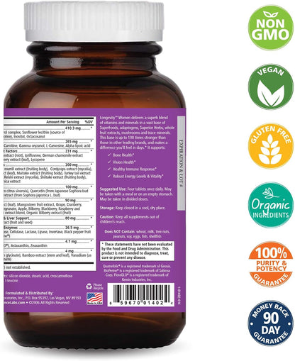 Pure Essence Longevity for Women Over 40 Multivitamin - Vitamins with Superfoods, Whole Foods, Minerals, Antioxidants and Immune Support - 90 Tablets