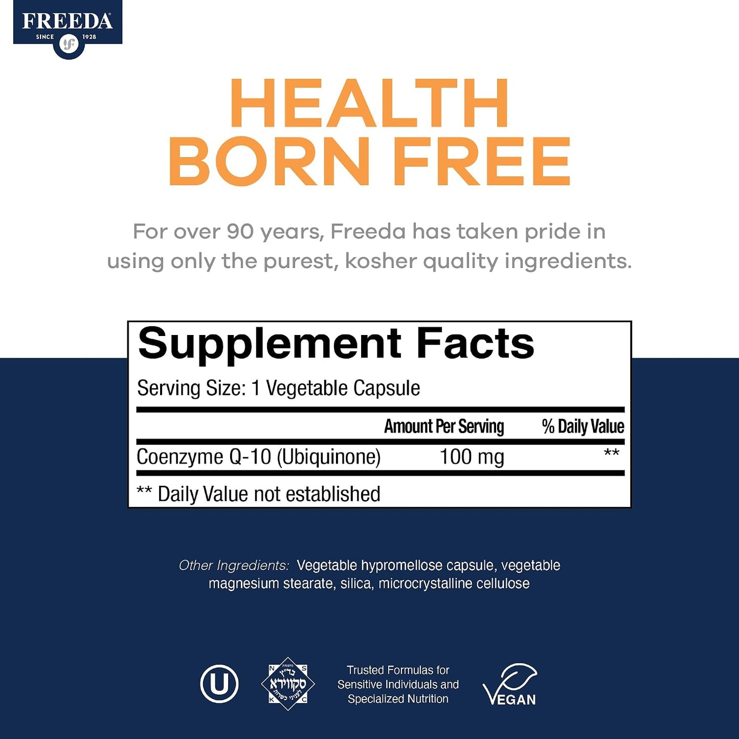 FREEDA CoQ10 100mg - Kosher Coenzyme Q10 Dietary Supplement for Cardiovascular Heart Health, Blood Pressure Support, Oral Gum Health, and Healthy Aging - Pure CoQ10 Capsules, 100 Count | Supports Oral Gum Health, Immune Support, & Healthy Aging – Pure Ant