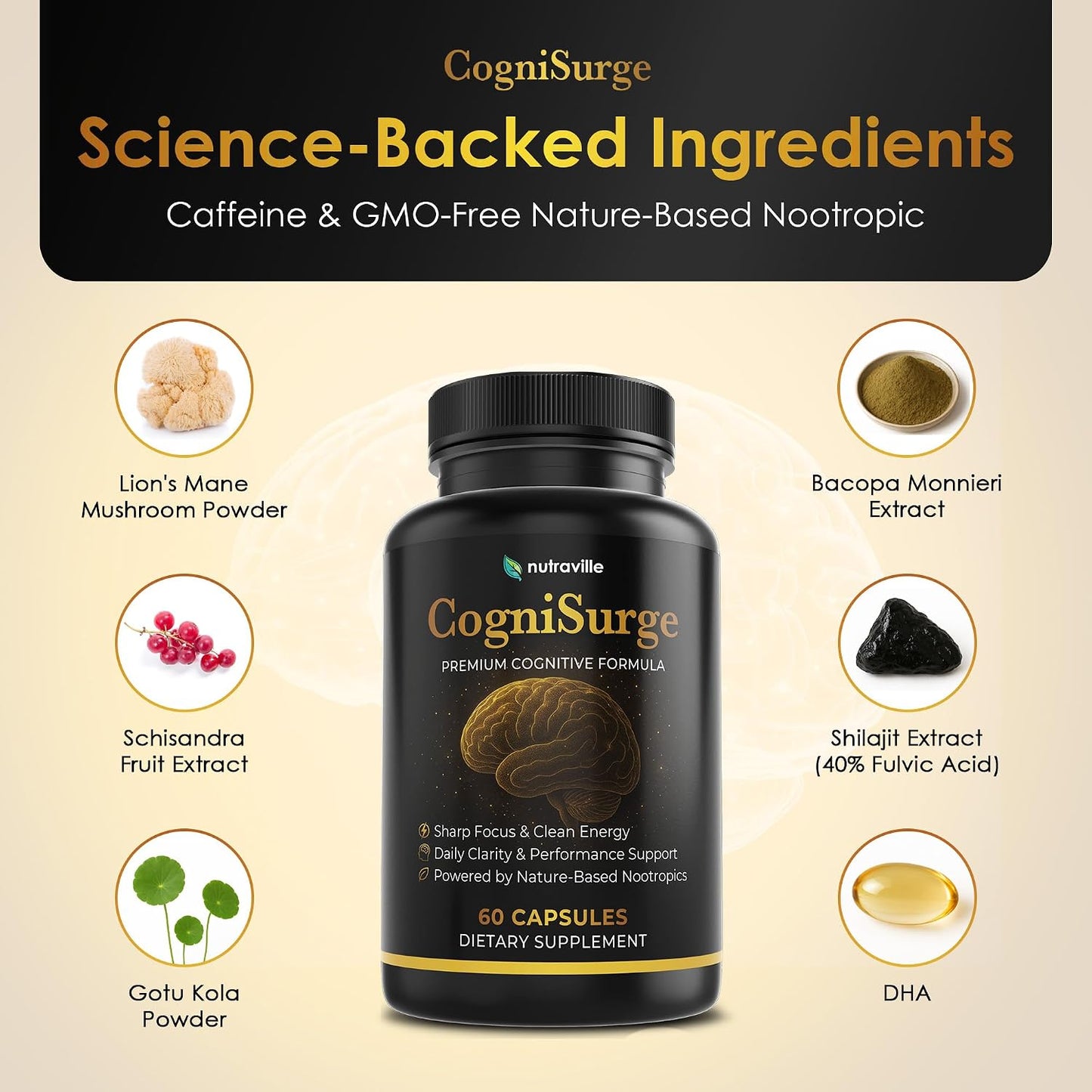CogniSurge Nootropics Brain Support Supplement for Memory and Focus | Nature-Powered Lion's Mane Supplement Capsules with Shilajit, No Caffeine or Stimulants, 60 Count