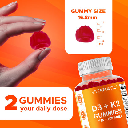 Vitamatic Vitamin D3 + K2 Gummies 60 Count - 2 Pack | D-3 5000 IU + Vitamin K 140mcg for Bone Heart & Immune Support, Pectin-Based, Non-GMO, Gluten-Free