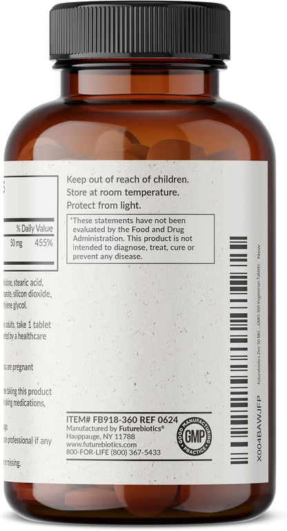 Futurebiotics Zinc 50 MG High Potency, 1 Year Supply - Non-GMO 360 Vegetarian Tablets