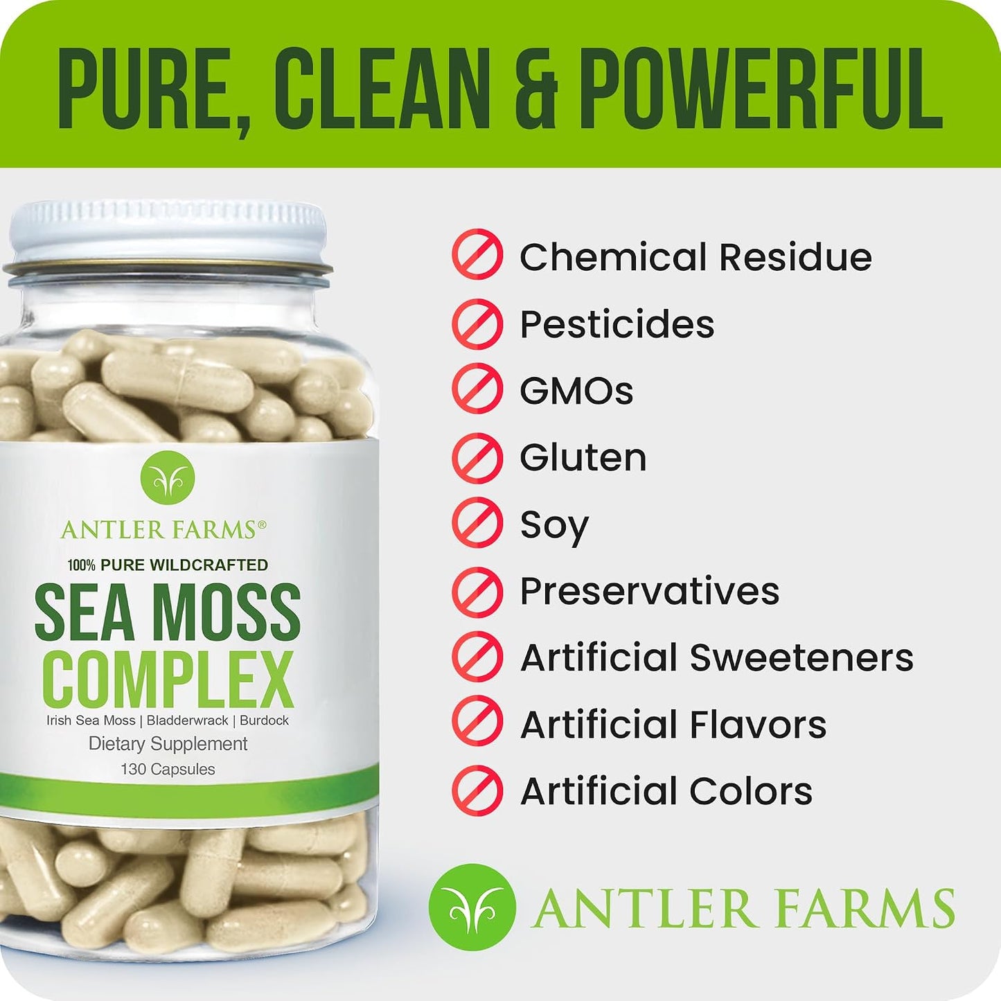 Antler Farms Sea Moss Complex - Bladderwrack, Burdock Root, 130 Capsules | Wildcrafted Irish Sea Moss, Bladderwrack, and Burdock Root, for Wellness, Vegan-Friendly, Gluten, Soy, and Dairy Free