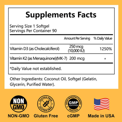 Noavfun Vitamin D3 K2 10000 IU Supplement with Coconut Oil, 90 Softgels - High Potency VIT D3 250mcg & K2 MK7 200mcg - Supports Bone, Teeth & Calcium Absorption