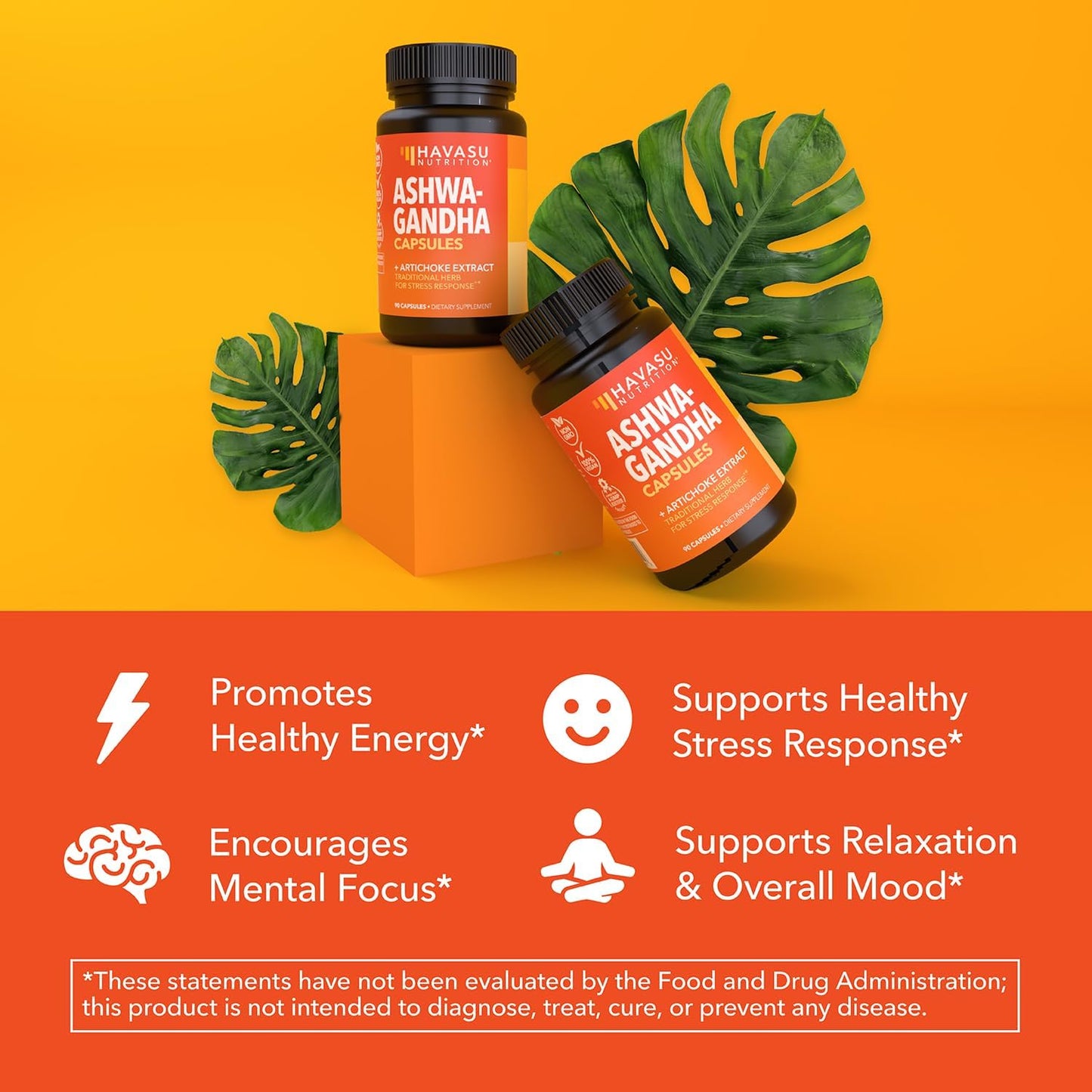 Ashwagandha 1000mg Per Serving with Artichoke Extract, 45 Servings | Ashwagandha Capsules for Stress, Mood and Energy Support, Adaptogenic Herbal Support for Adults, Vegan, Non-GMO, 90 Count