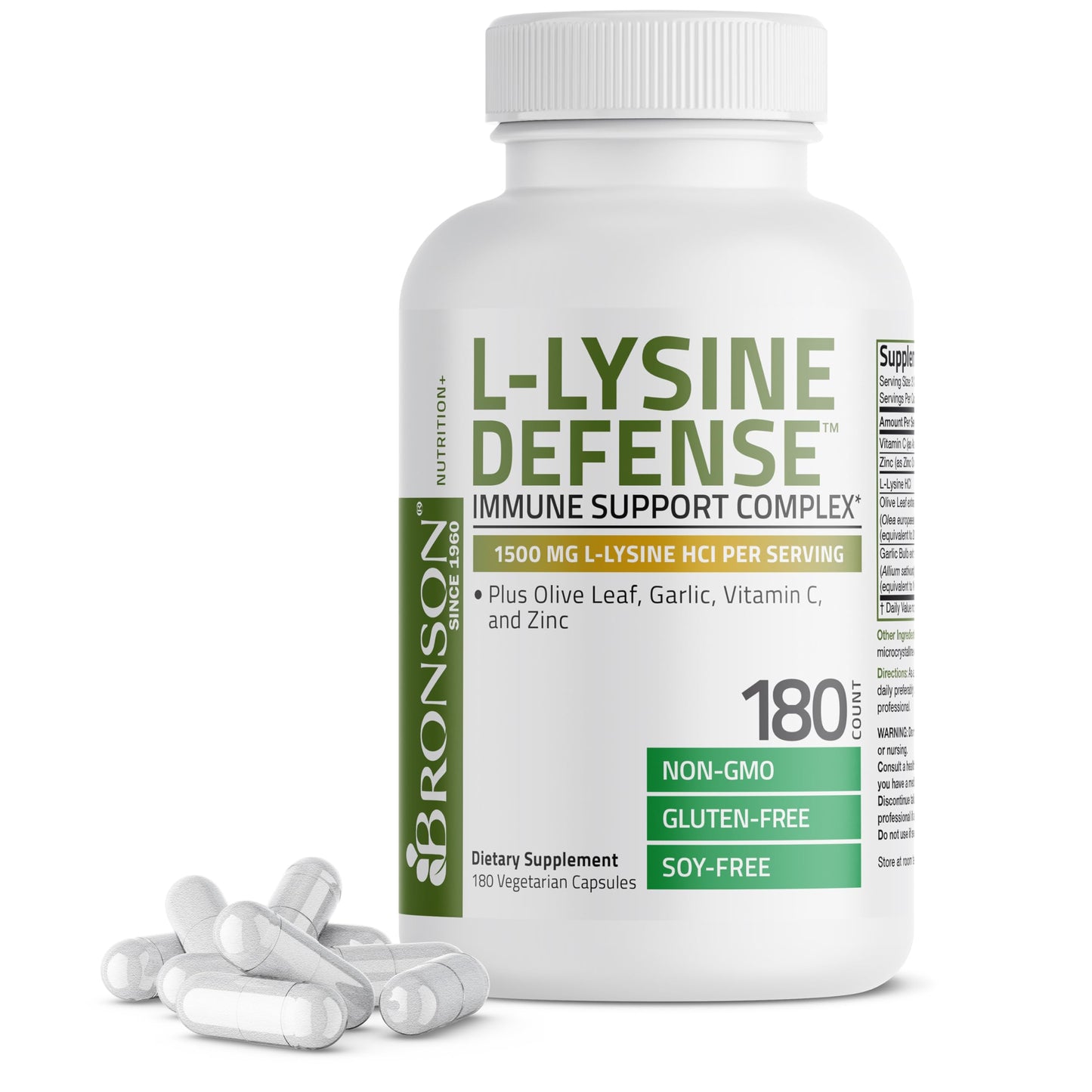 Bronson L-Lysine Defense Immune Support Complex, 1500 mg, 90 Capsules | Essential Amino Acid with Olive Leaf, Garlic, Vitamin C & Zinc, Vegetarian, Non-GMO, Gluten-Free & Soy-Free