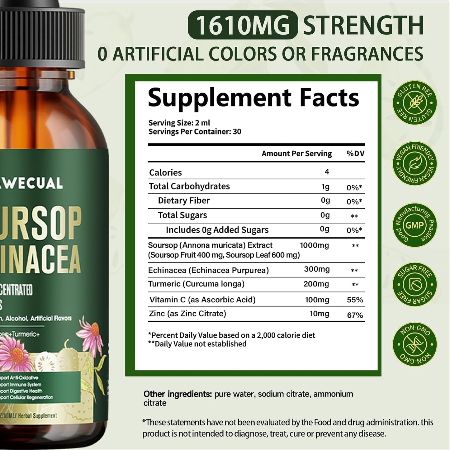 Soursop Drops, Soursop Graviola Liquid Drop 1000mg with Echinacea 300mg, Turmeric, Vitamin C, Zinc - for Immune Support, Digestive Health, Antioxidant & Cell Support, 2 FL OZ