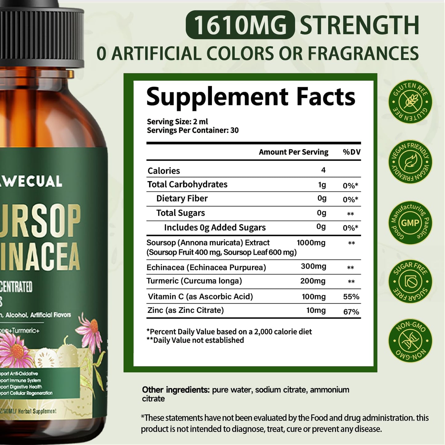 Soursop Drops, Soursop Graviola Liquid Drop 1000mg with Echinacea 300mg, Turmeric, Vitamin C, Zinc - for Immune Support, Digestive Health, Antioxidant & Cell Support, 2 FL OZ
