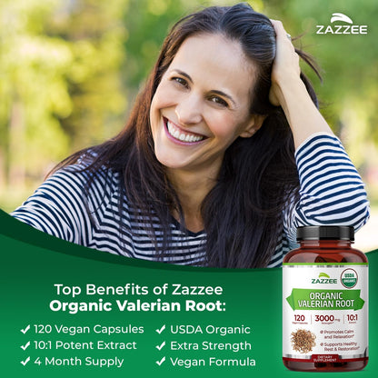 Zazzee USDA Organic Valerian Root 10:1 Extract, 120 Vegan Capsules, 4 Month Supply, Valeriana Officinalis, Relaxation, Calm & Mood Support, All-Natural, Non-GMO, Made in the USA