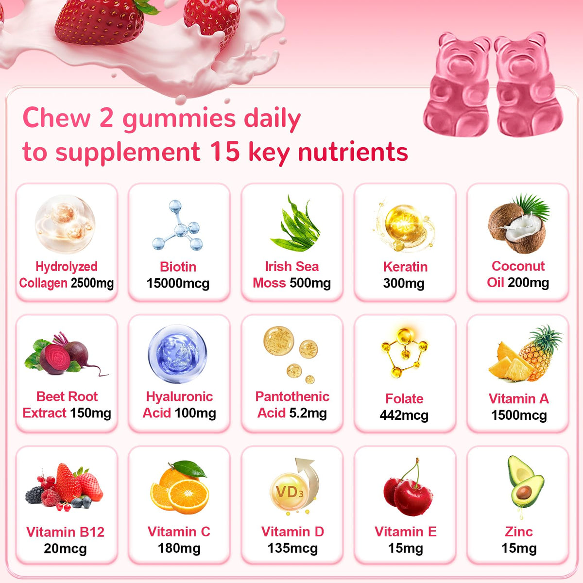Sugar Free Collagen Gummies for Women Men, 2500mg Collagen with Biotin Sea Moss wberry Flavored Supplement