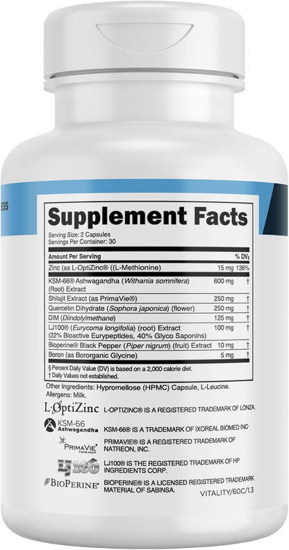 Transparent Labs Vitality Testosterone Booster - Testosterone Supplement for Men with Ashwagandha KSM-66, PrimaVie Shilajit Extract, & DIM to Support Vitality, & Bioavailable Testosterone - 60 Count