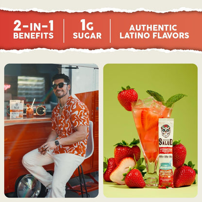 Salud 2-Pack | 2-in-1 Hydration + Immunity (Strawberry) & Hydration + Immunity (Horchata) – 15 Servings Each, Agua Fresca Drink Mix, Non-GMO, Gluten Free, Vegan, Low Calorie, 1g of Sugar