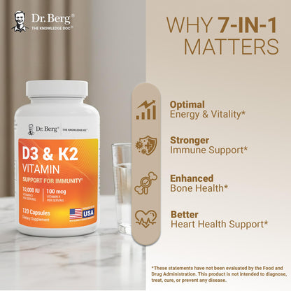 Dr. Berg Maximum Strength 7-in-1 Vitamin D3 K2 5000 IU | Naturally Derived D3 | 4X Lab-Tested & Verified | High Absorption Formula | K2 D3 Vitamin Supplement | 60 Capsules