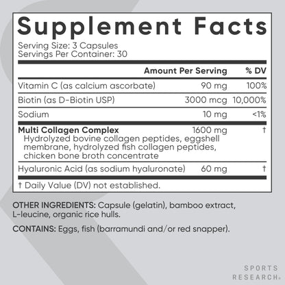Sports Research® Multi Collagen Pills for Women & Men - Collagen Peptides (Type I, II, III, V, X) Enhanced with Hyaluronic Acid & Vitamin C - Gluten Free · Non-GMO - 90 Capsules