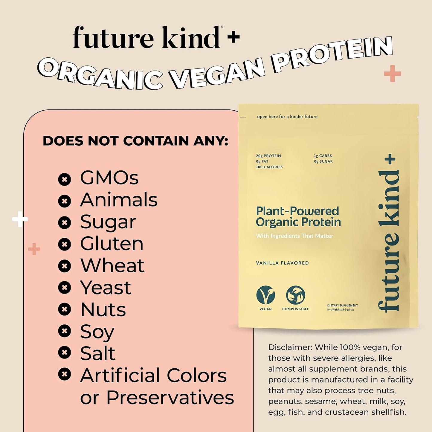 Future Kind Vegan Protein Powder, Vanilla, Pea Plant Protein for Lean Muscle with Iron & Fiber, Whey-Free, Sugar-Free, Soy-Free, Non-Dairy (34 Servings)