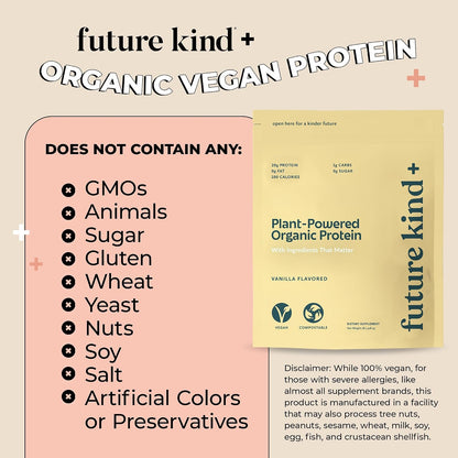 Future Kind Vegan Protein Powder, Vanilla, Pea Plant Protein for Lean Muscle with Iron & Fiber, Whey-Free, Sugar-Free, Soy-Free, Non-Dairy (34 Servings)