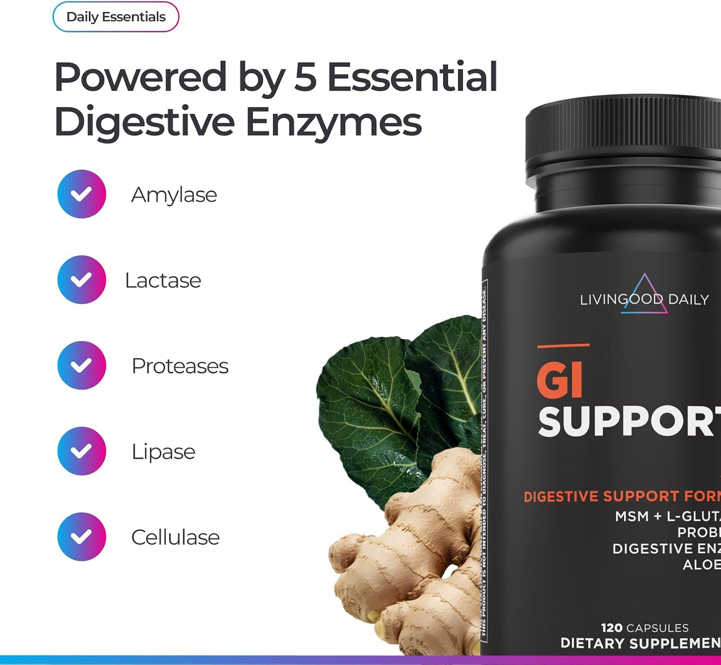 Livingood Daily Gut Cleanse Detox Supplement, 13-in-1 GI Support with L Glutamine, Aloe Vera, Digestive Enzymes, Probiotics & MSM, Vegetarian Capsules, Gluten Free, Non GMO, Allergen Free, 120 Count
