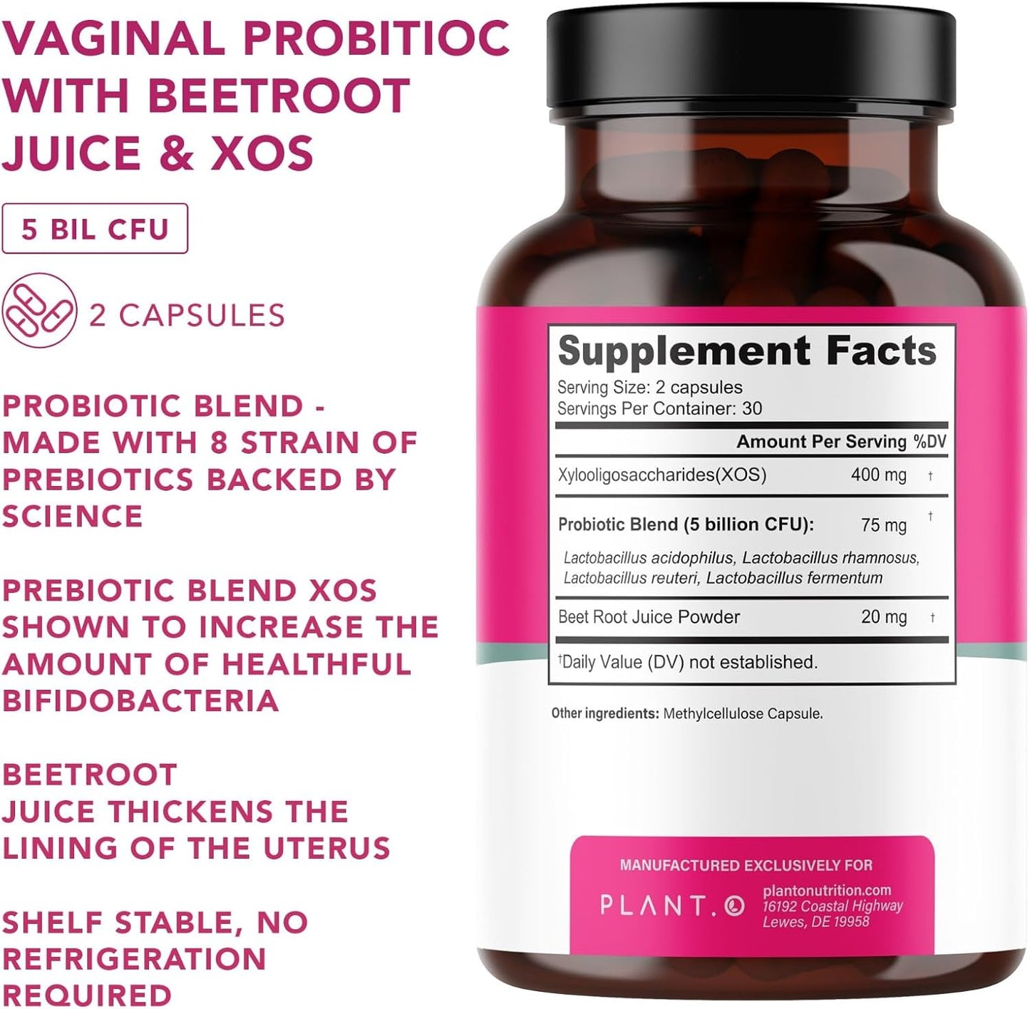 PLANT.O NUTRITION Vaginal Probiotics for Women with 4 Lactobacillus Strains Probiotic & Prebiotic Blend for pH Balance, Healthy Vaginal Odor & Vaginal Flora