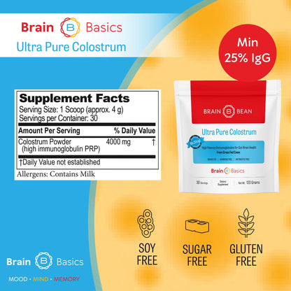 Brain Basics Ultra-Pure Colostrum, 4000mg per Serving, Min 25% IgG antibodies, Gut-Brain-Immune Health, Glowing Hair and Skin. Colostrum Powder from Grass-Fed Cows. 360 Grams - 90 Servings