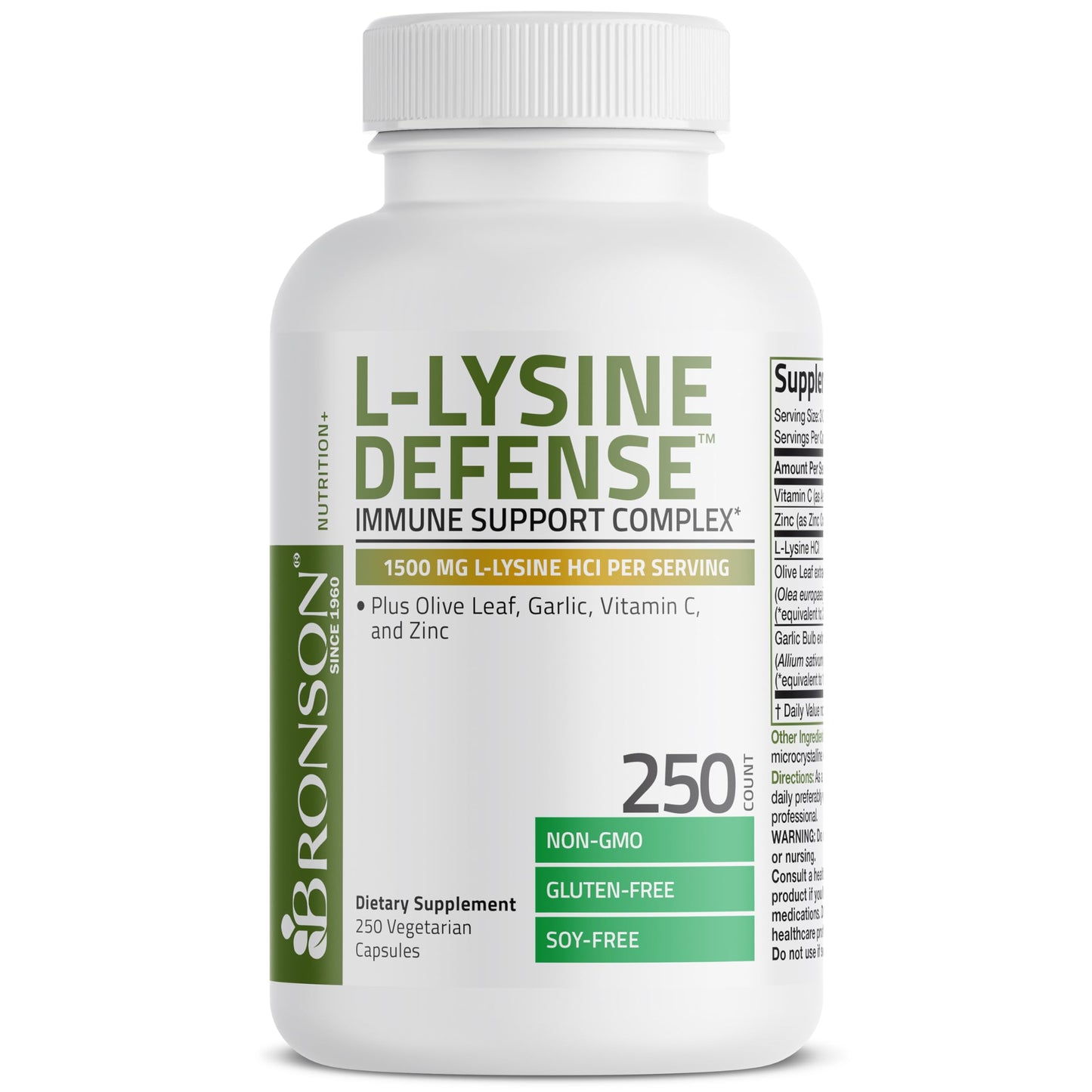 Bronson L-Lysine Defense Immune Support Complex, 1500 mg, 90 Capsules | Essential Amino Acid with Olive Leaf, Garlic, Vitamin C & Zinc, Vegetarian, Non-GMO, Gluten-Free & Soy-Free