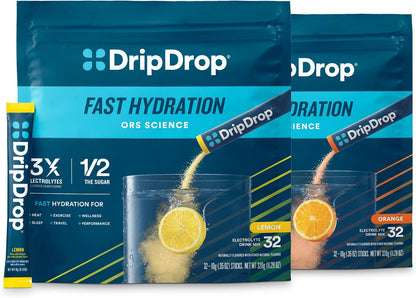 DripDrop Hydration Lemon & Orange Bundle, Electrolyte Packets, 64 Count | Lemon, Orange; 3X Electrolytes; Potassium, Magnesium, Zinc, Vitamin C; Single Serve; Portable; Daily Use, Workouts, Travel