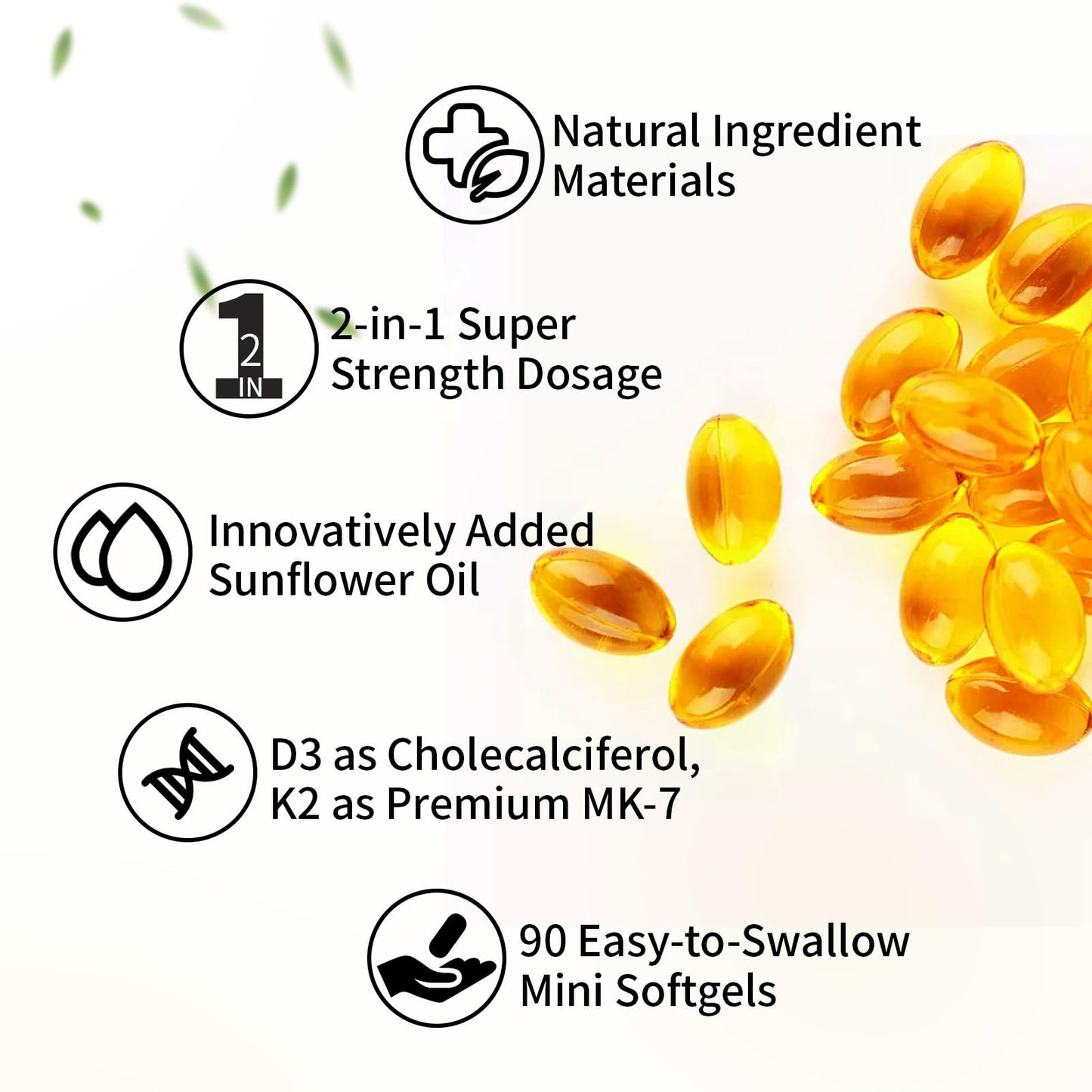 Vitamin D3 & K2 Vitamin Supplement for Men & Women,Vegan-Friendly 5000 Iu D3 and 100 Mcg K2 (Mk-7) Immune, and Overall Health -90 Softgels
