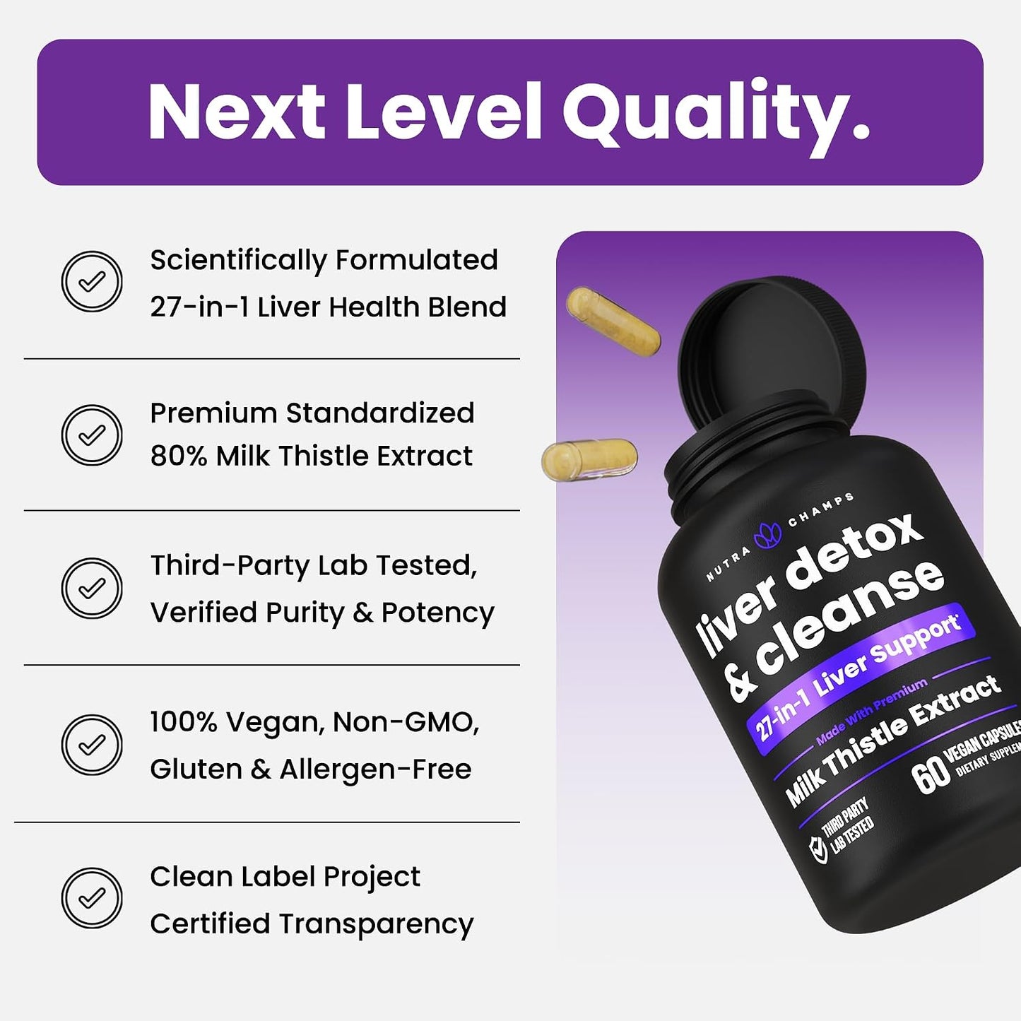 NutraChamps Liver Cleanse Detox & Repair Formula, 20+ Herbs: Milk Thistle Extract with Silymarin, Artichoke, Dandelion, Chicory Root Powder, Liver Support Pills Supplement, 60 Capsules