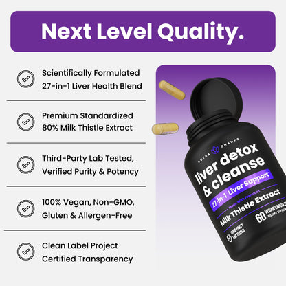 NutraChamps Liver Cleanse Detox & Repair Formula, 20+ Herbs: Milk Thistle Extract with Silymarin, Artichoke, Dandelion, Chicory Root Powder, Liver Support Pills Supplement, 60 Capsules