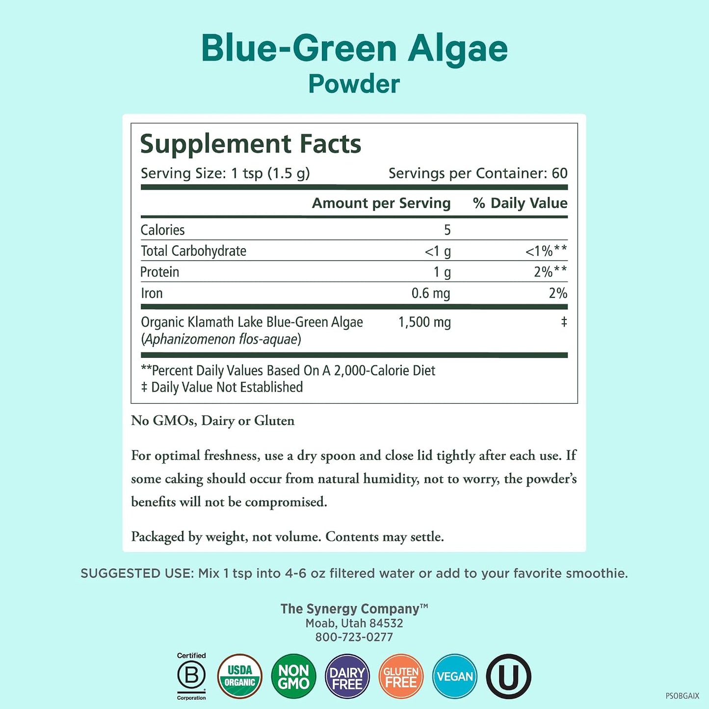 PURE SYNERGY Blue-Green Algae Powder | Superfood Powder with Chlorophyll | Organic AFA Blue Green Algae Supplement | Supports Energy, Mental Clarity, and Detoxification (3.2 oz.)