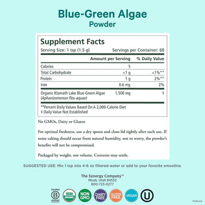PURE SYNERGY Blue-Green Algae Powder | Superfood Powder with Chlorophyll | Organic AFA Blue Green Algae Supplement | Supports Energy, Mental Clarity, and Detoxification (3.2 oz.)