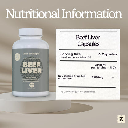 Zen Principle Ultra-Pure Desiccated Beef Liver, Grass-Fed & Finished New Zealand, No Hormones or GMOs, Natural Energy & Workout Support with Iron, Amino Acids & Vitamins. 360 Capsules.